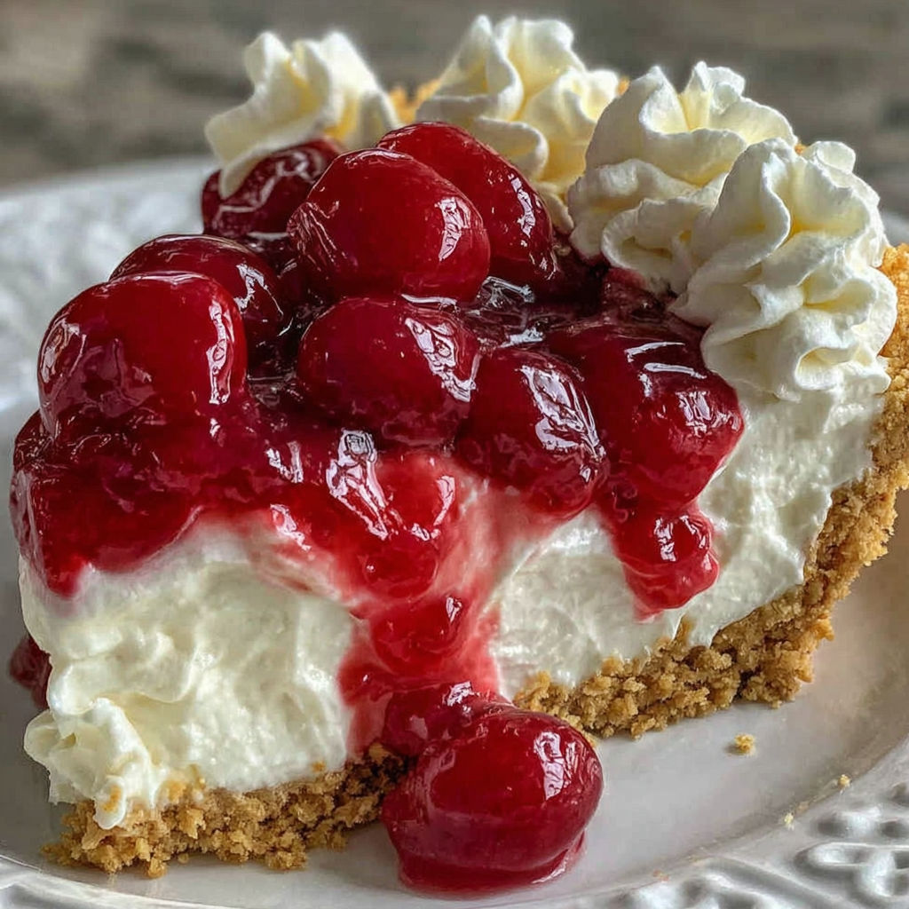 A slice of no-bake cherry cheesecake.