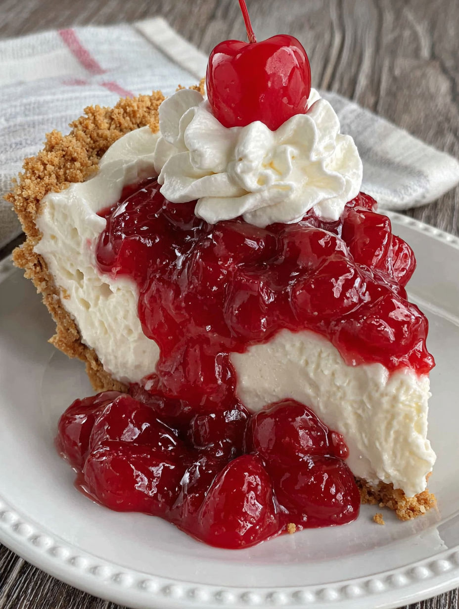 A slice of pie with whipped cream and cherries.
