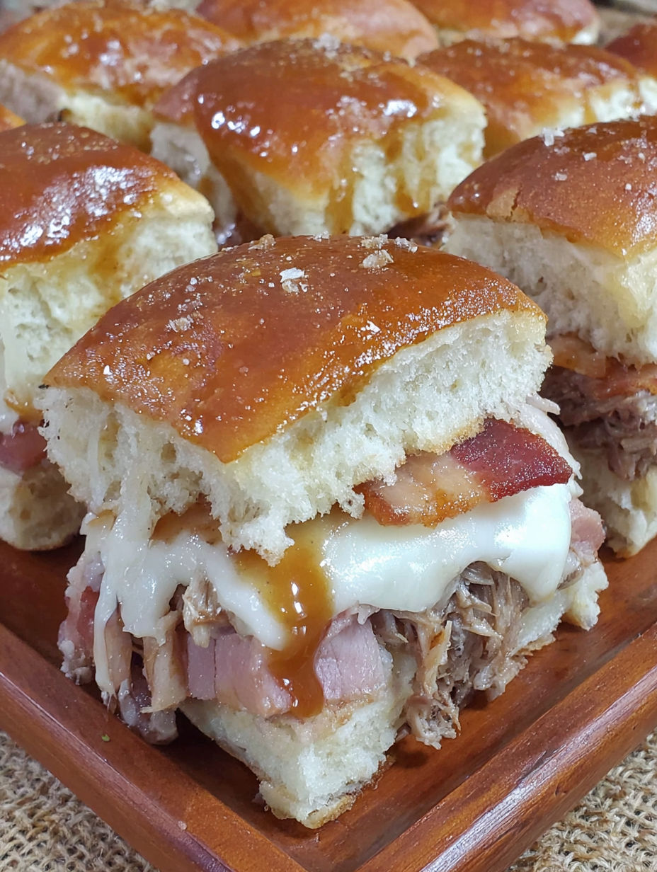 A plate of sandwiches with bacon and cheese.