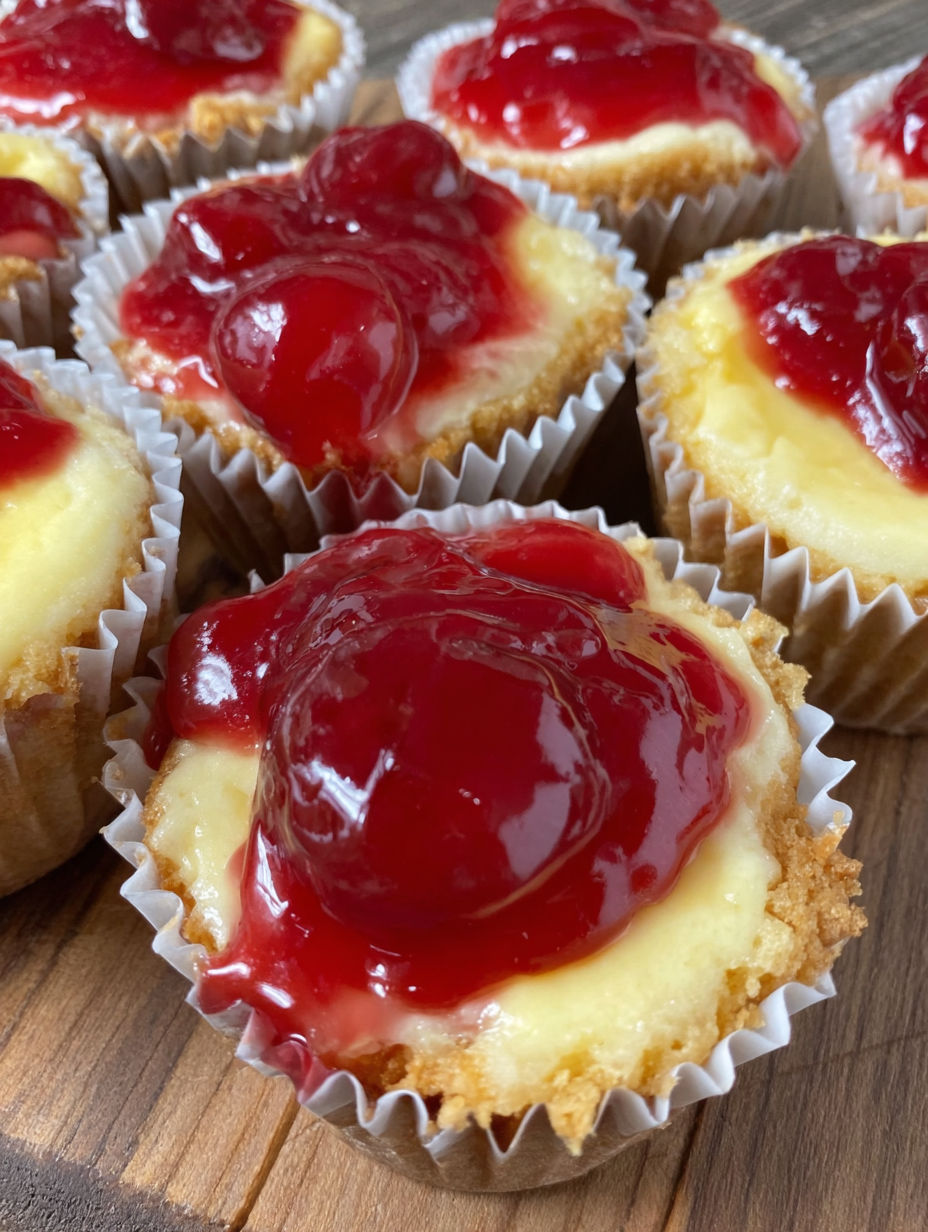 Cherry cheesecake cupcakes with a cherry on top.