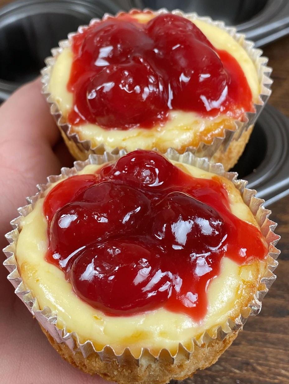Two cherry cheesecake cupcakes with red frosting.