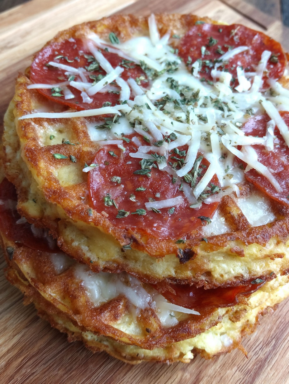 A stack of pizza chaffles on a wooden table.