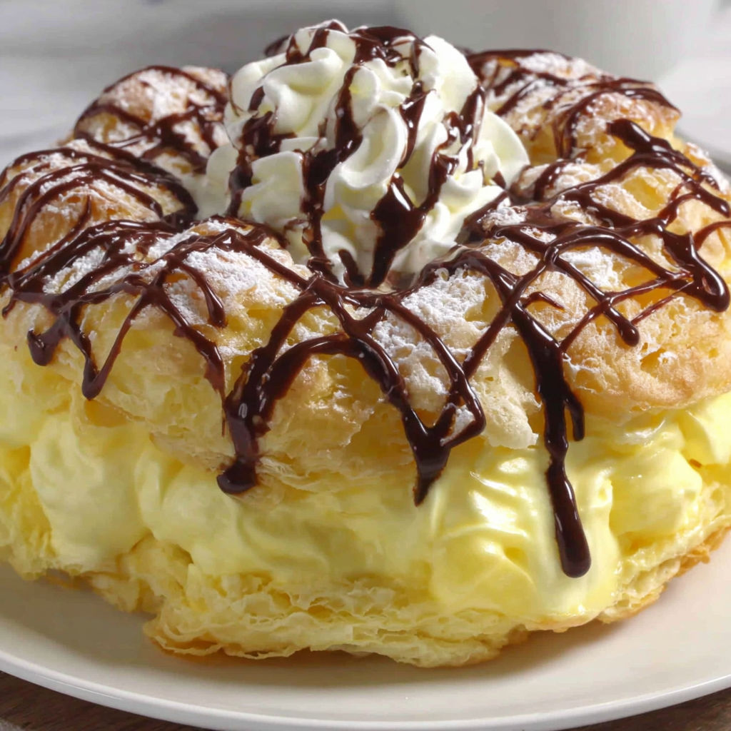 A cream puff cake with chocolate drizzle.