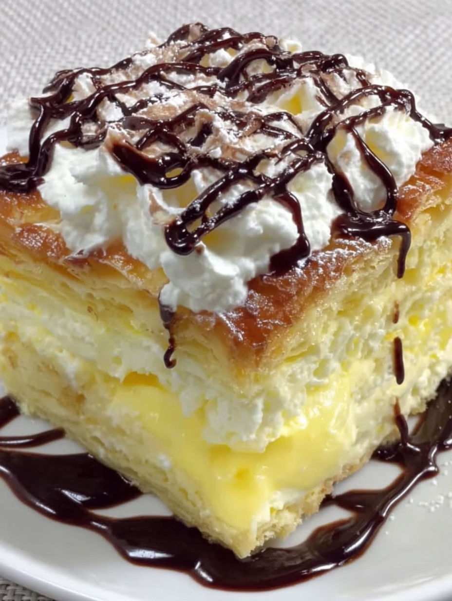 A slice of cream puff cake with chocolate drizzle.