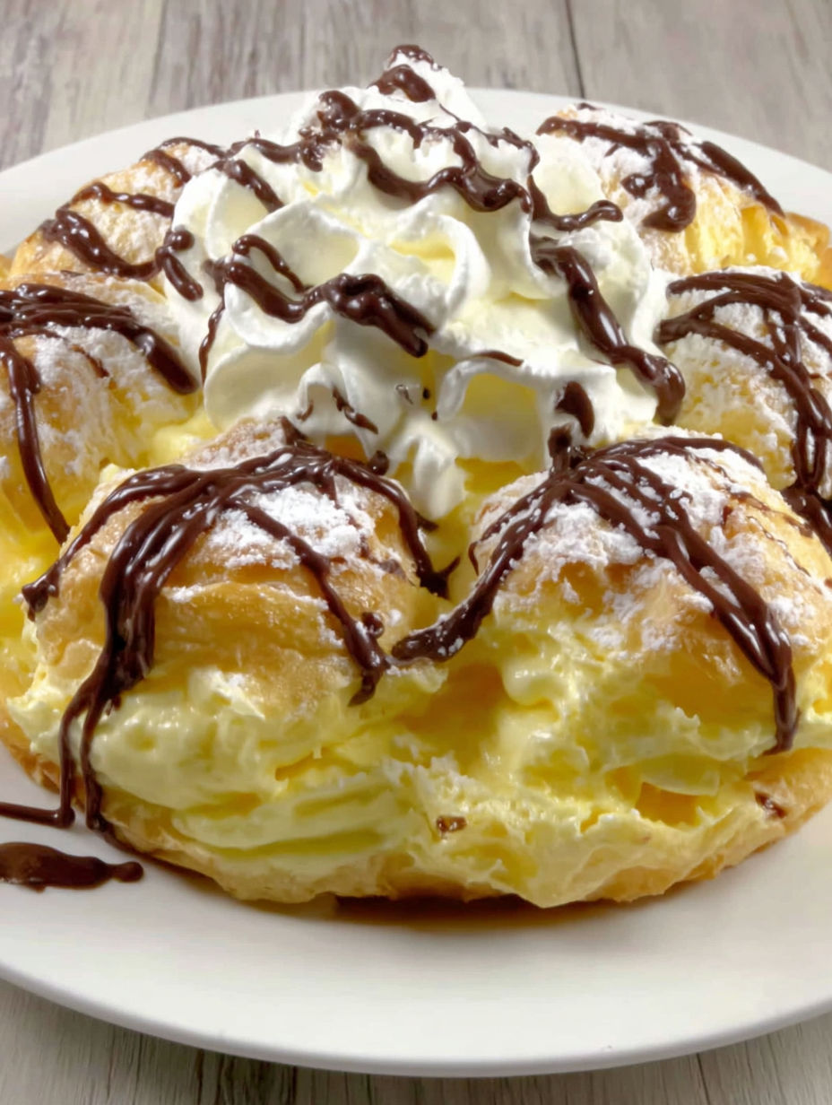 A cream puff cake with chocolate drizzle.