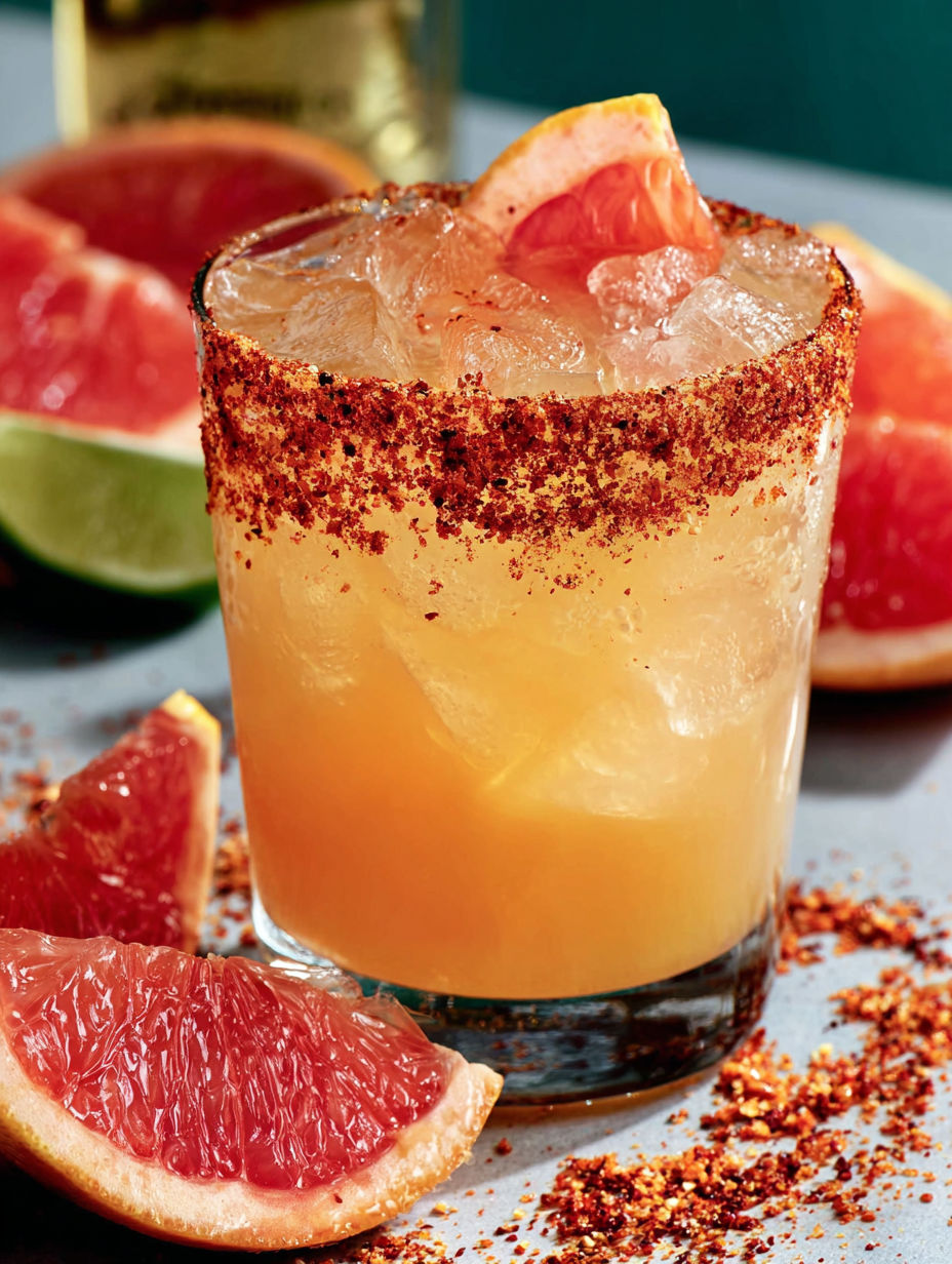 A glass of a drink with a slice of grapefruit in it.