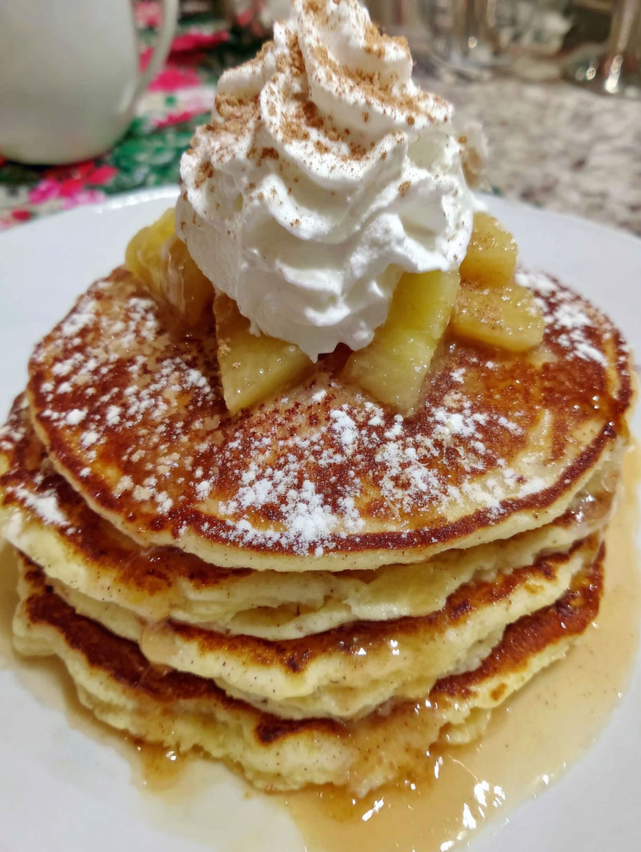 A stack of pancakes with whipped cream on top.