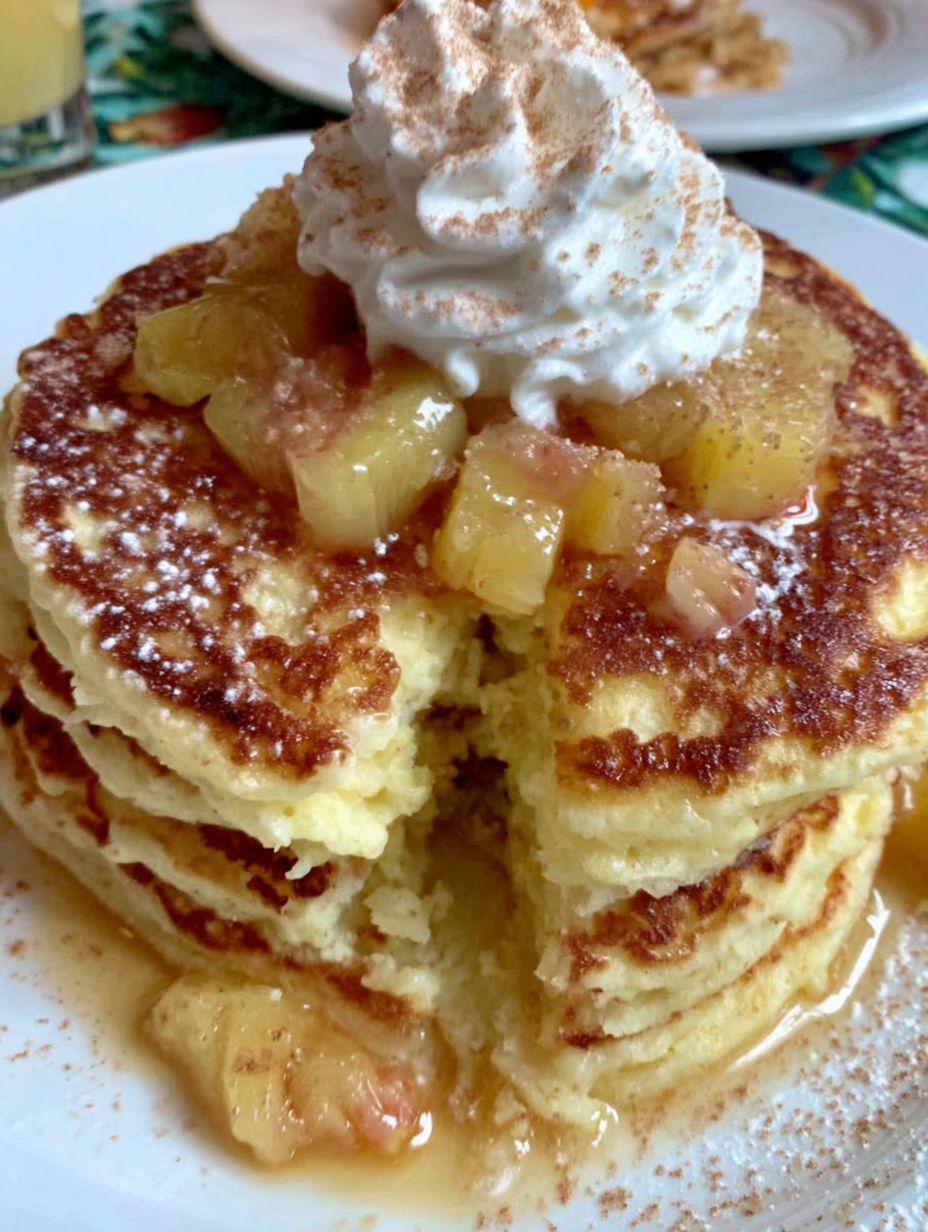 A stack of pancakes with a dollop of whipped cream on top.
