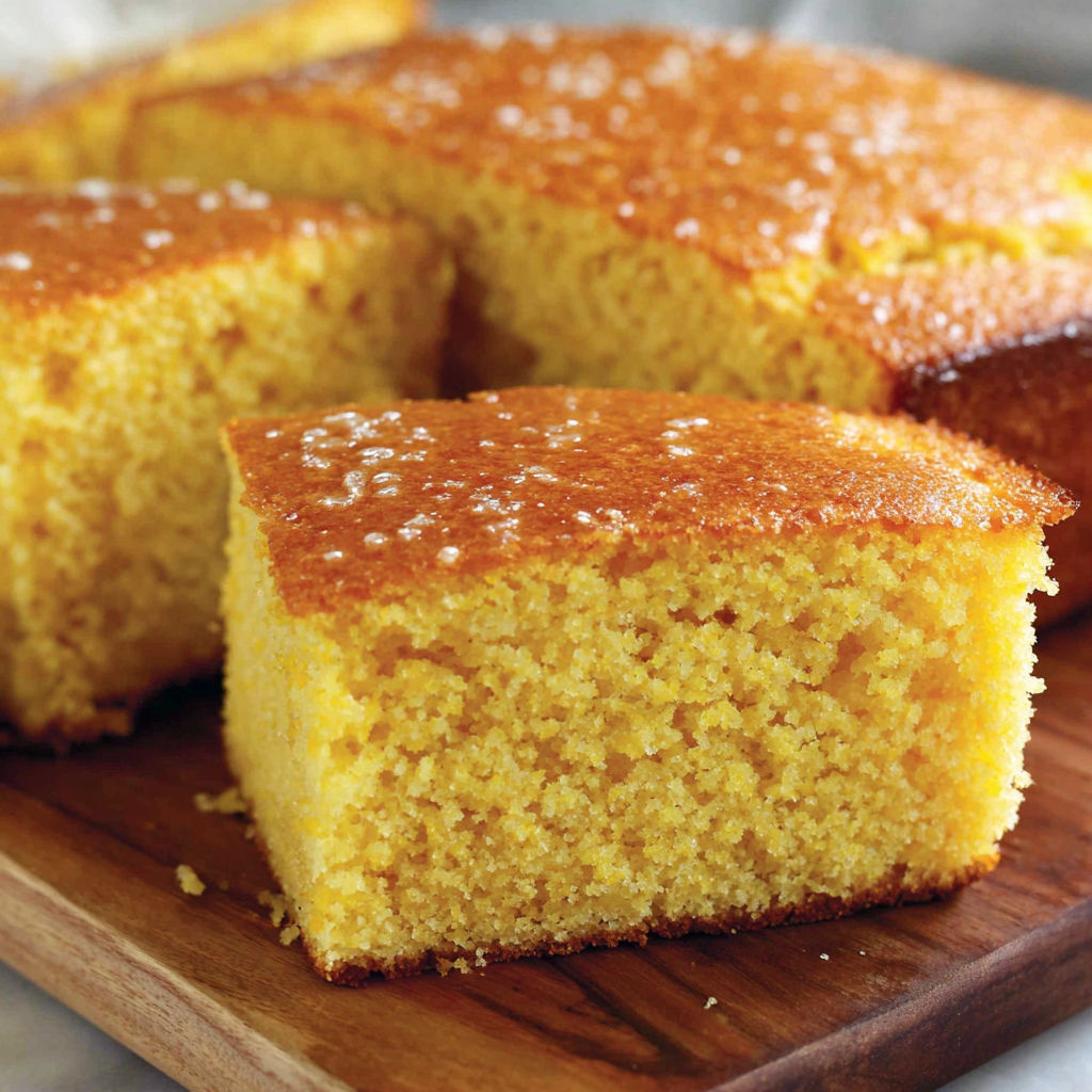 A slice of cornbread with honey butter on top.