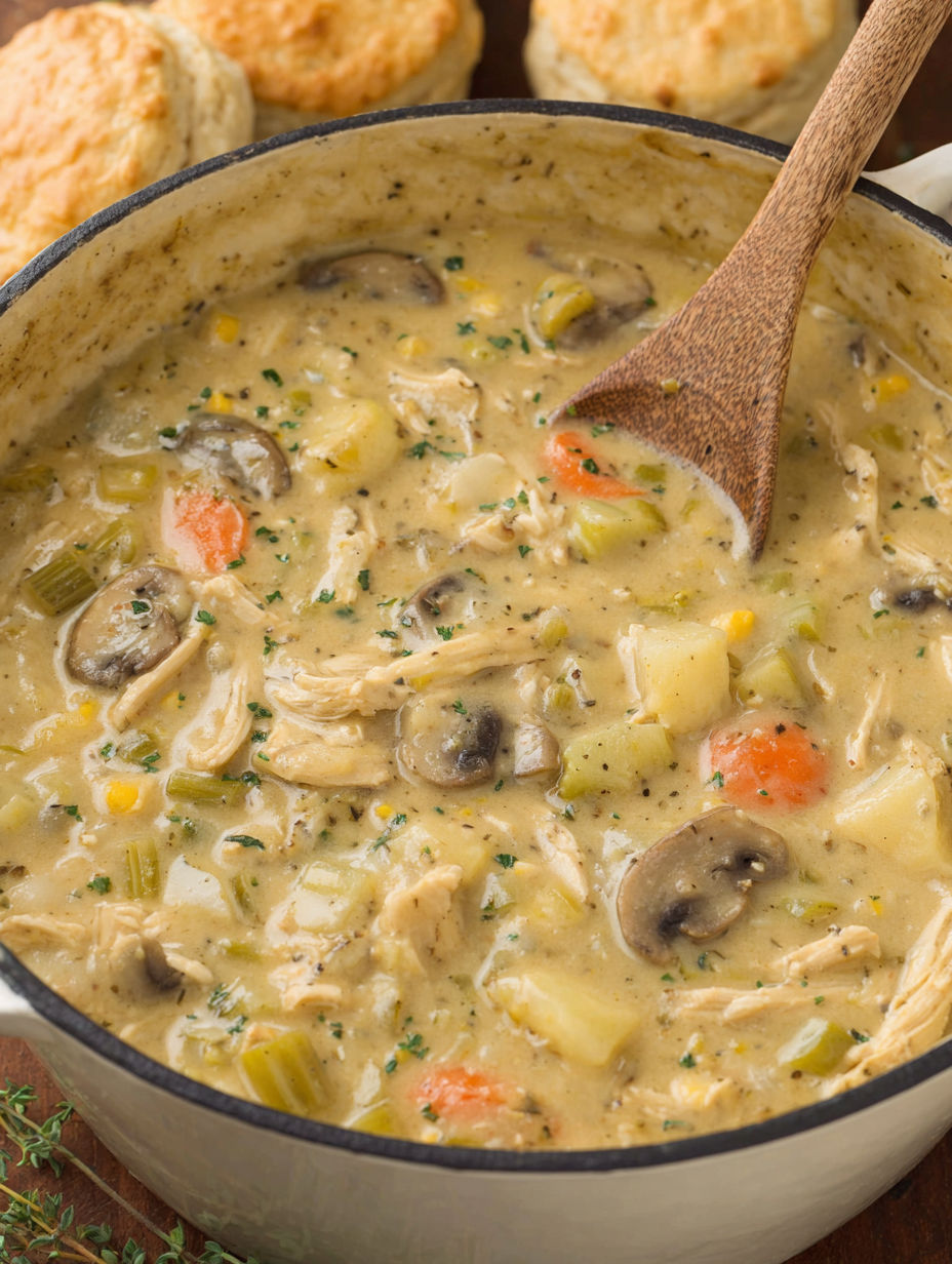 A bowl of chicken pot pie soup.