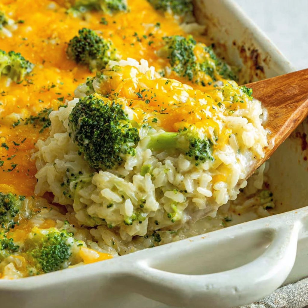 A close up of a delicious cheddar broccoli rice casserole.