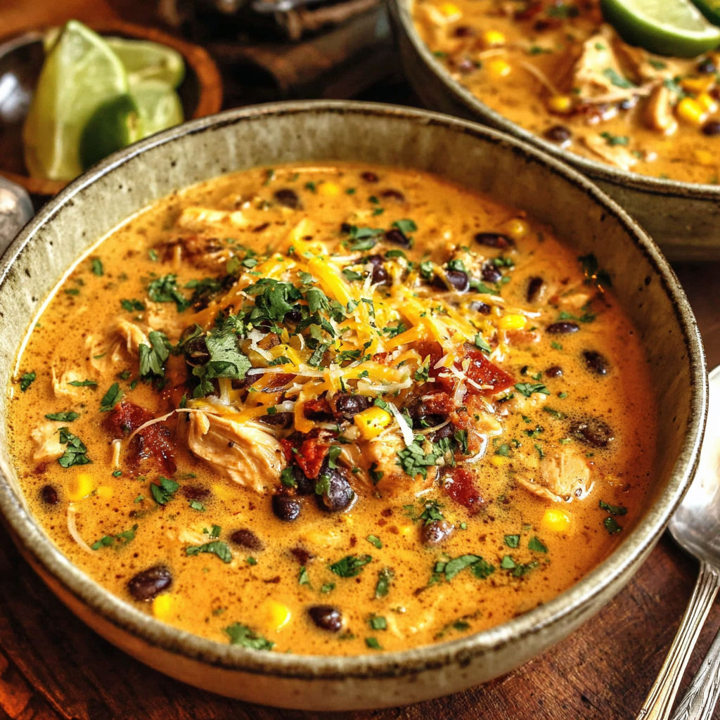 A bowl of soup with chicken and beans.