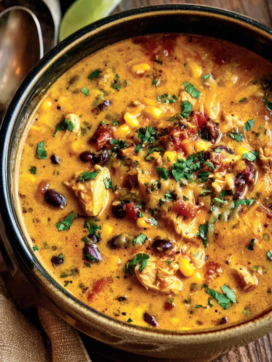 A bowl of soup with chicken, corn, and beans.