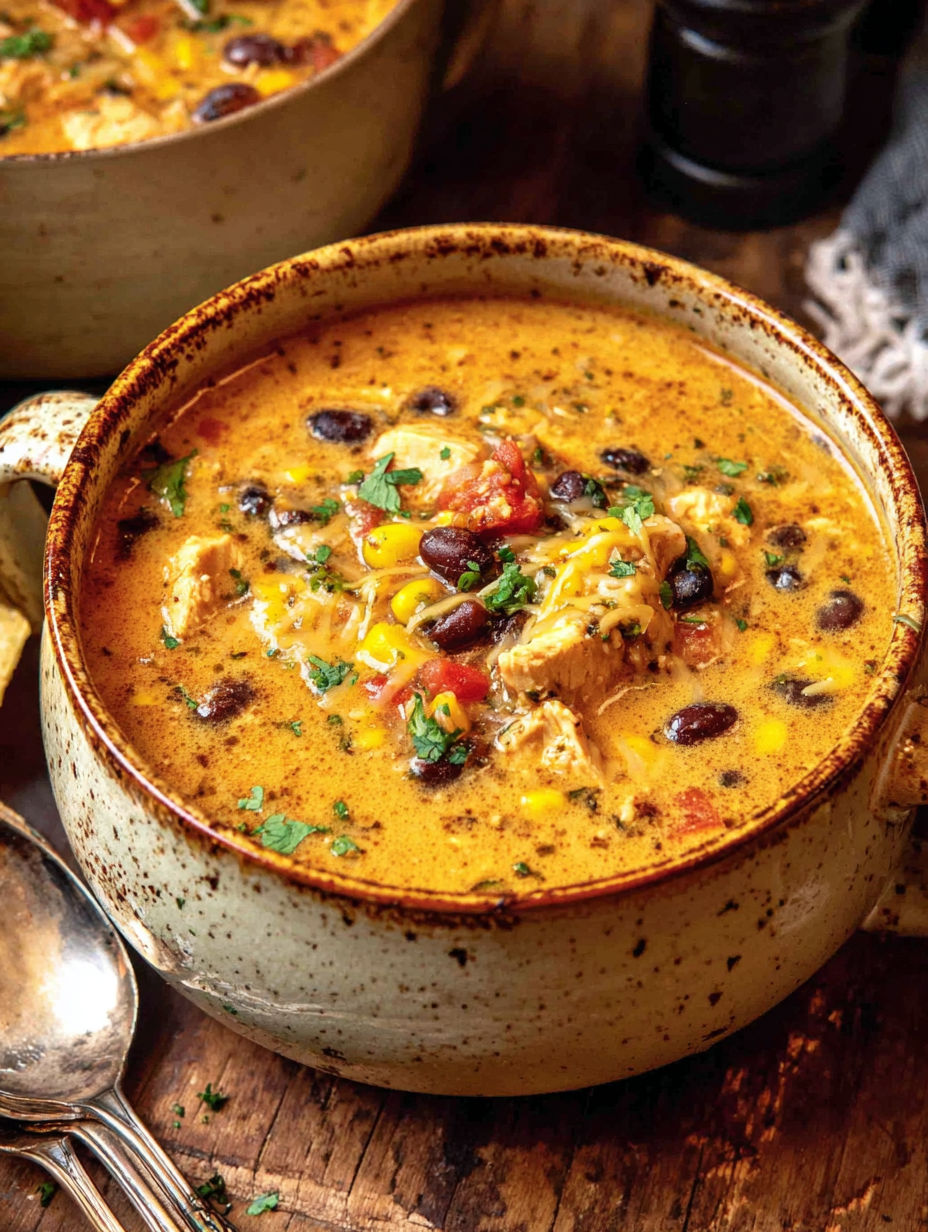 A bowl of soup with tomatoes, beans, and corn.