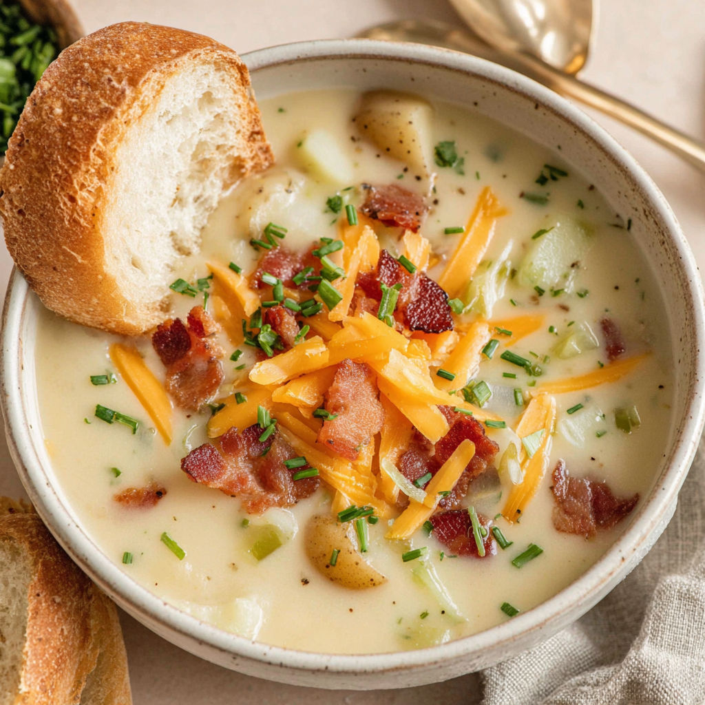 A bowl of potato soup with bacon and cheese.