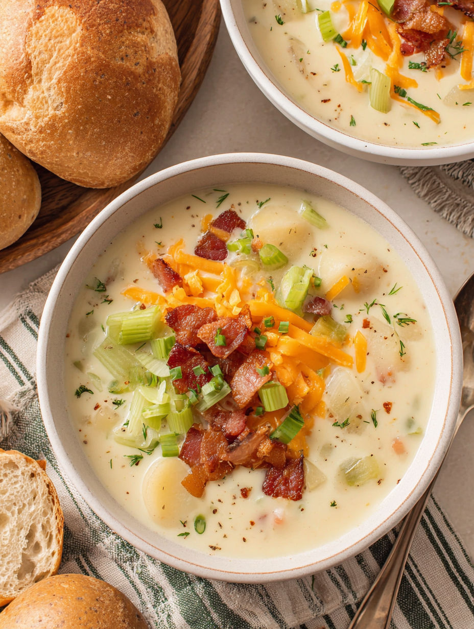 A bowl of soup with bacon and potatoes.