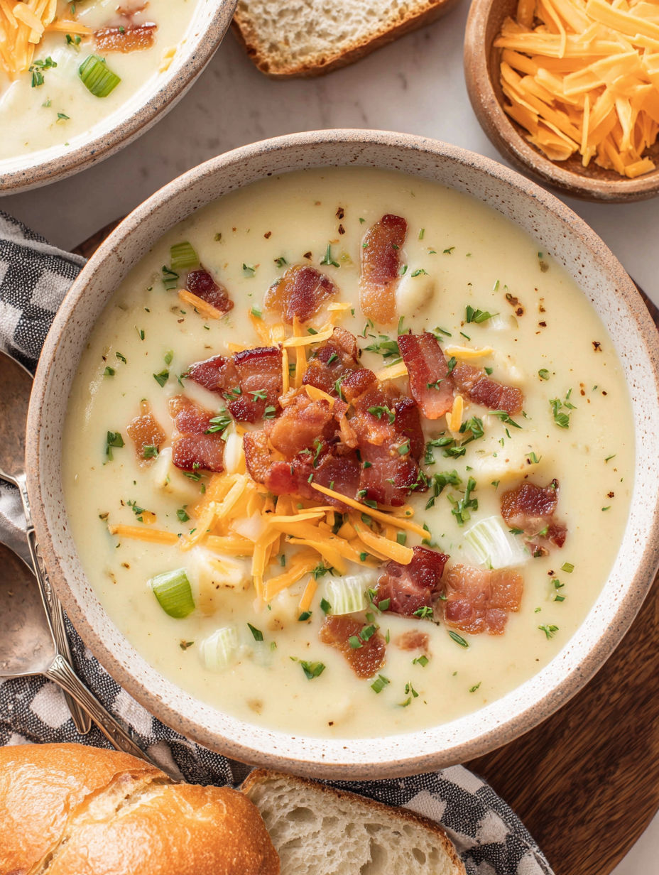 A bowl of soup with bacon and cheese.