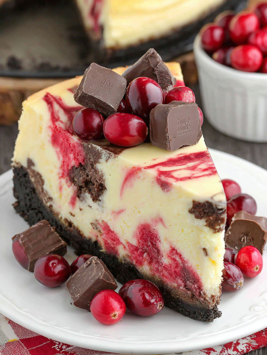 A slice of cheesecake with chocolate chips and cherries on top.