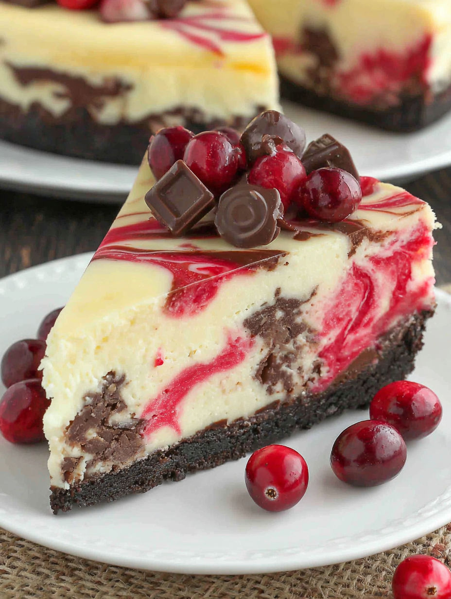 A slice of cheesecake with chocolate and cherries on top.