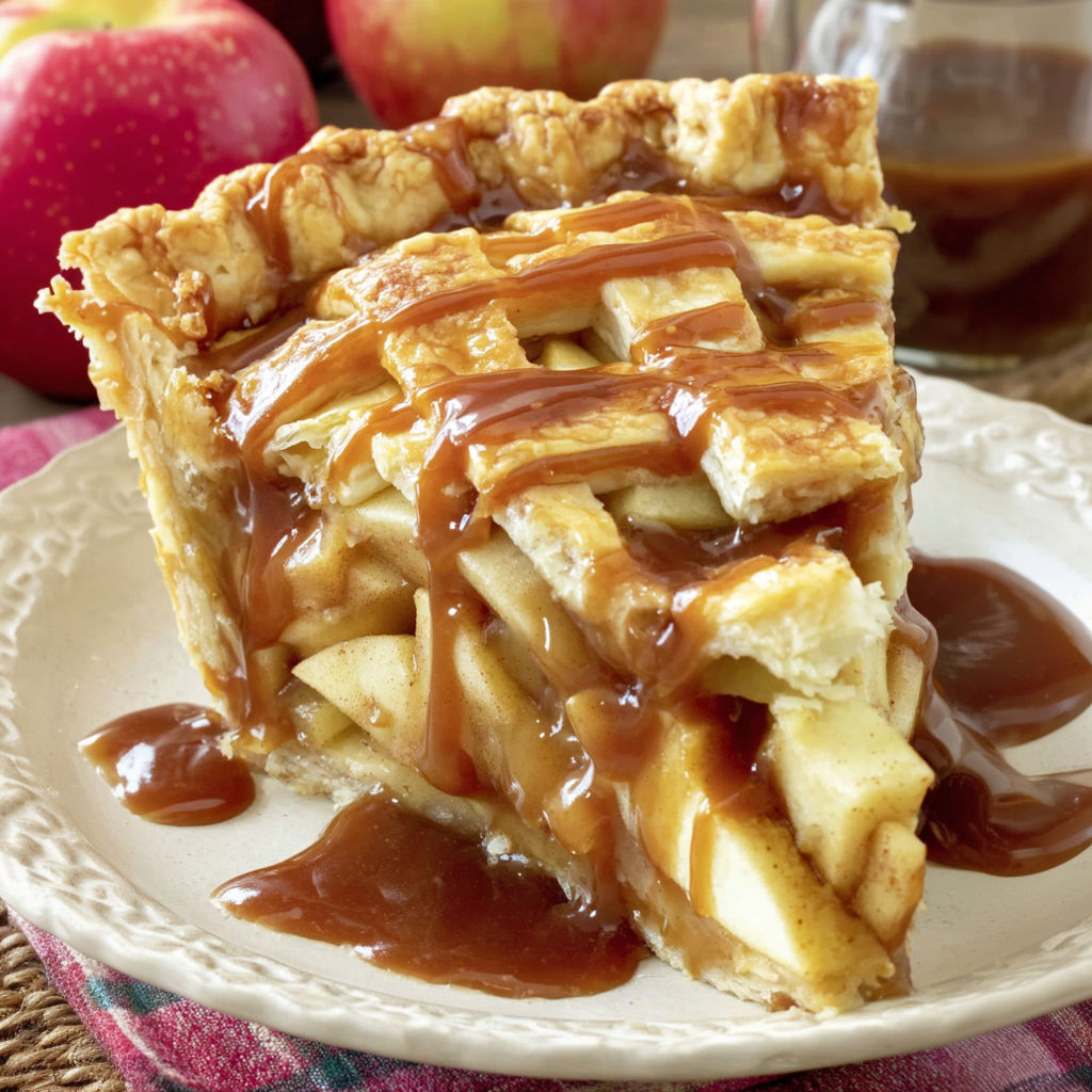 A slice of caramel apple pie on a plate.