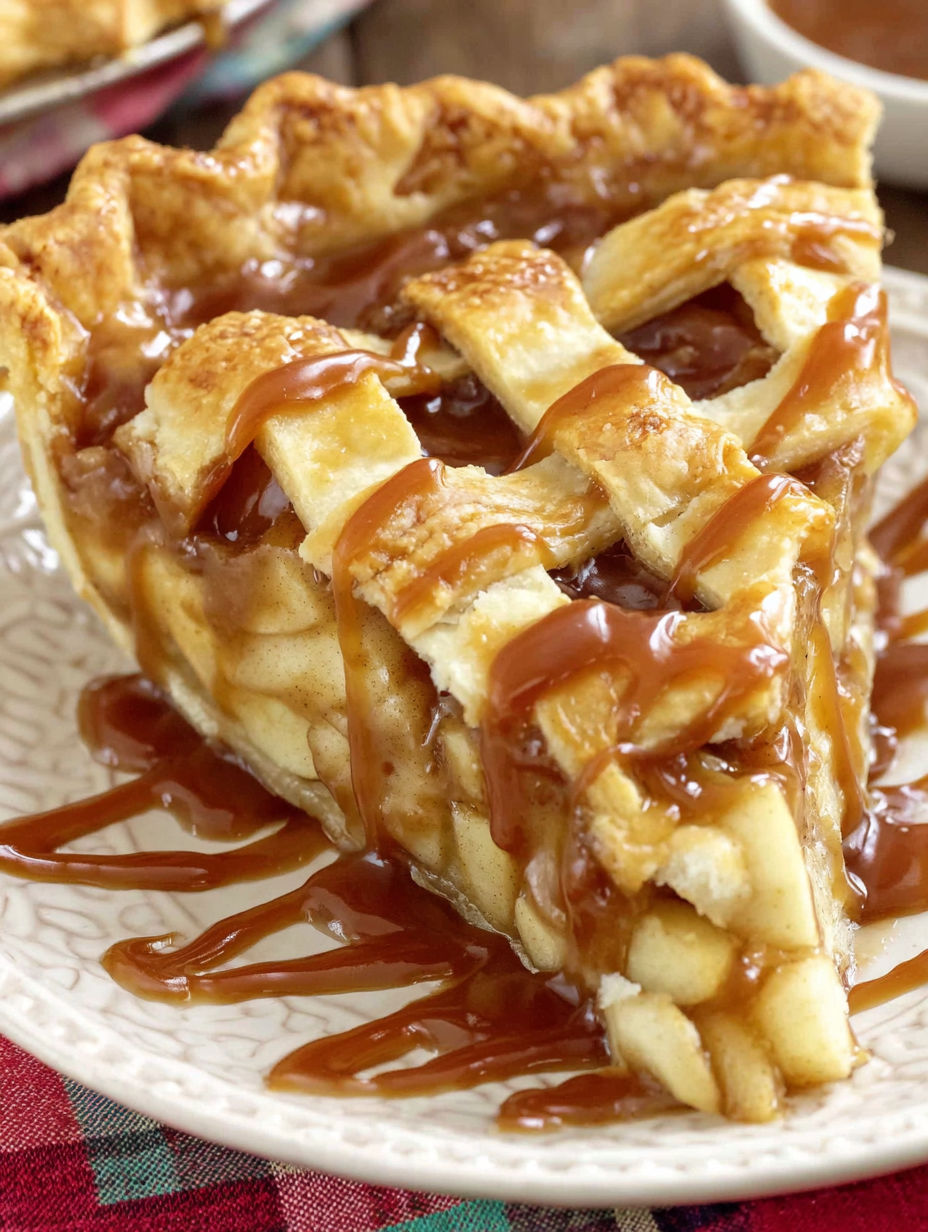A slice of pie with caramel sauce drizzled on top.