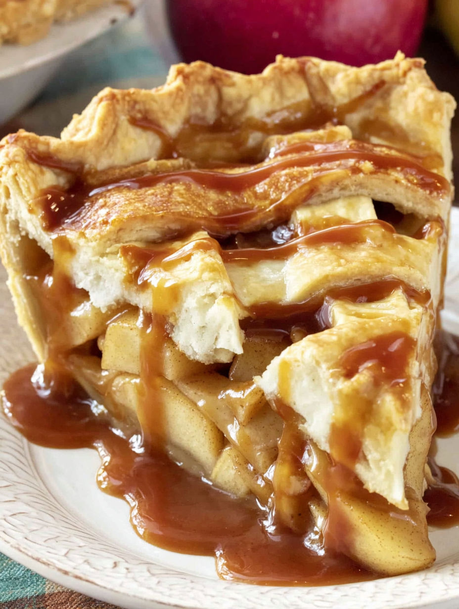 A slice of pie with caramel sauce drizzled over it.