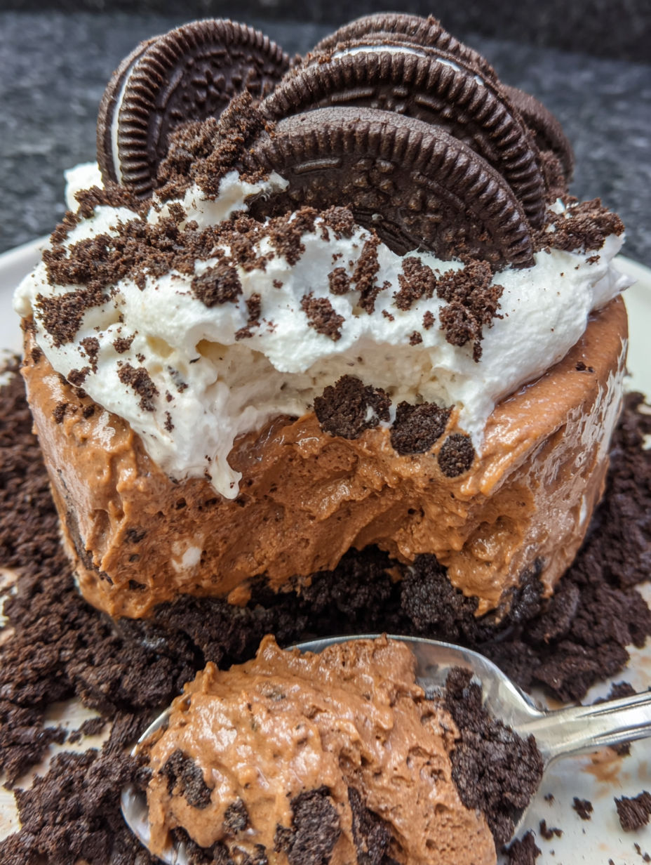 A slice of chocolate cake with white frosting and Oreo cookies on top.