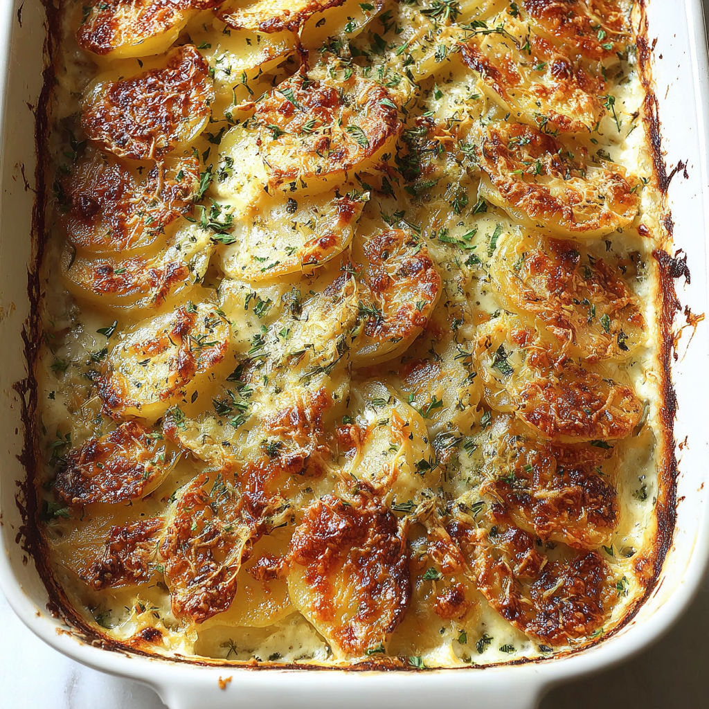 A dish of scalloped potatoes with cheese.