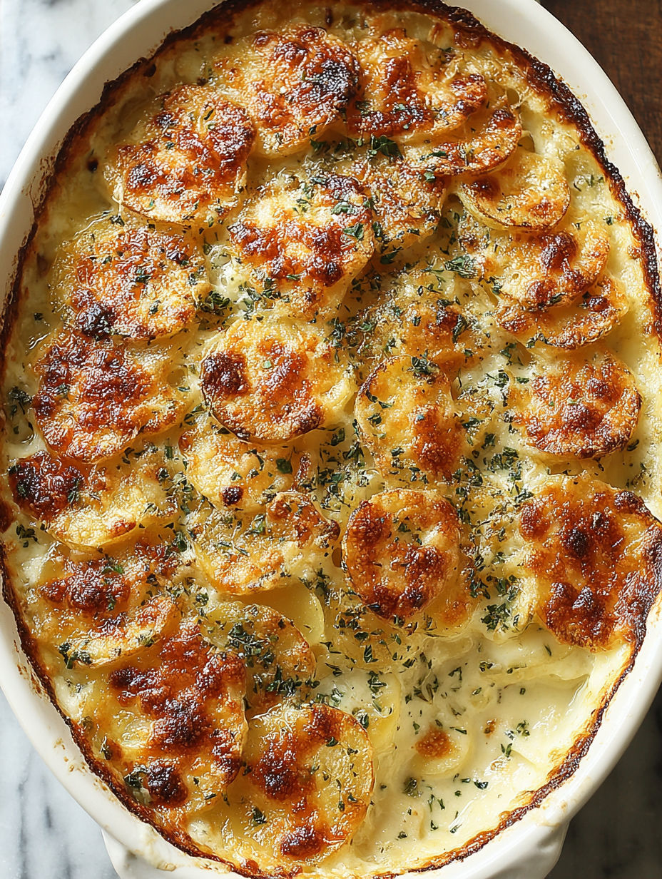 A baked dish with a golden brown crust and a white sauce.