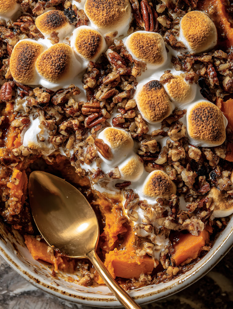 A bowl of food with marshmallows on top.