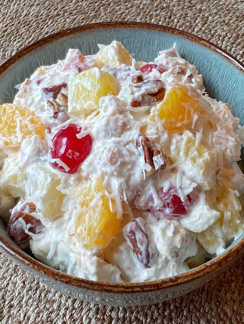 A bowl of ambrosia salad.