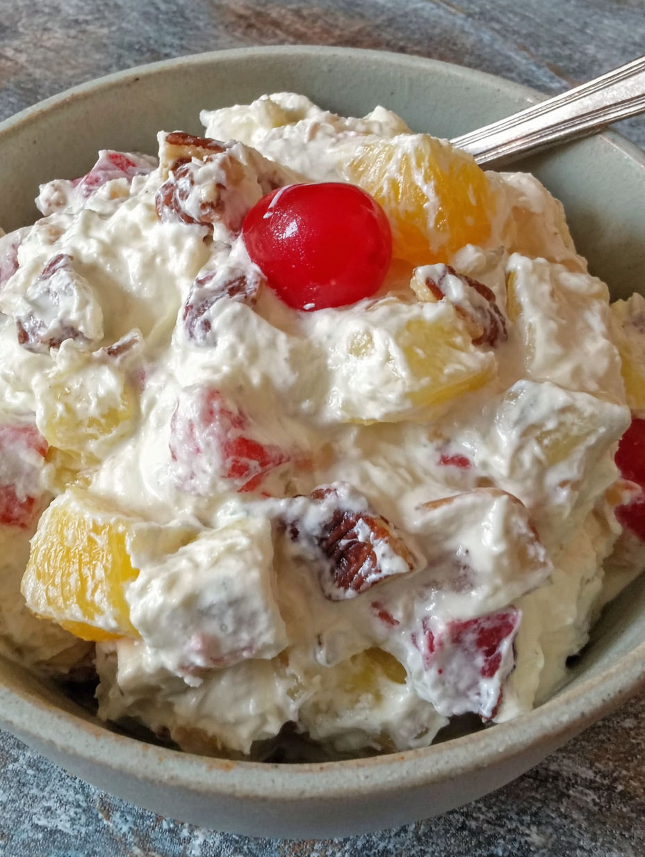 A bowl of ambrosia salad with a cherry on top.