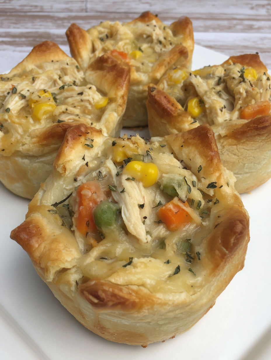 A pastry with a filling of chicken and vegetables.