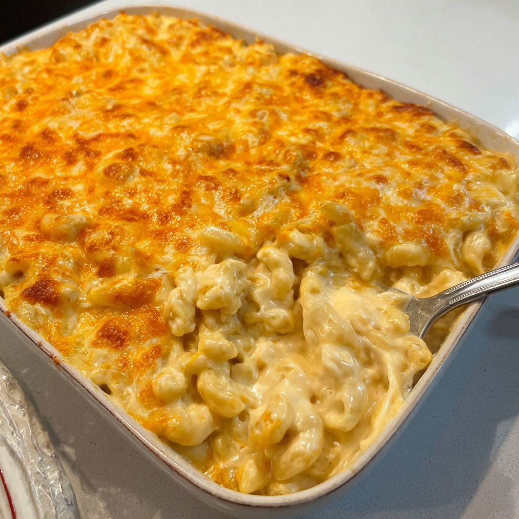 A dish of creamy mac and cheese.