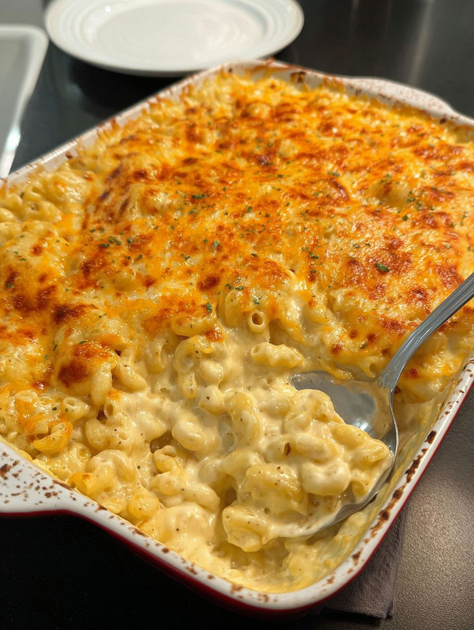 A close up of a baked macaroni and cheese dish.
