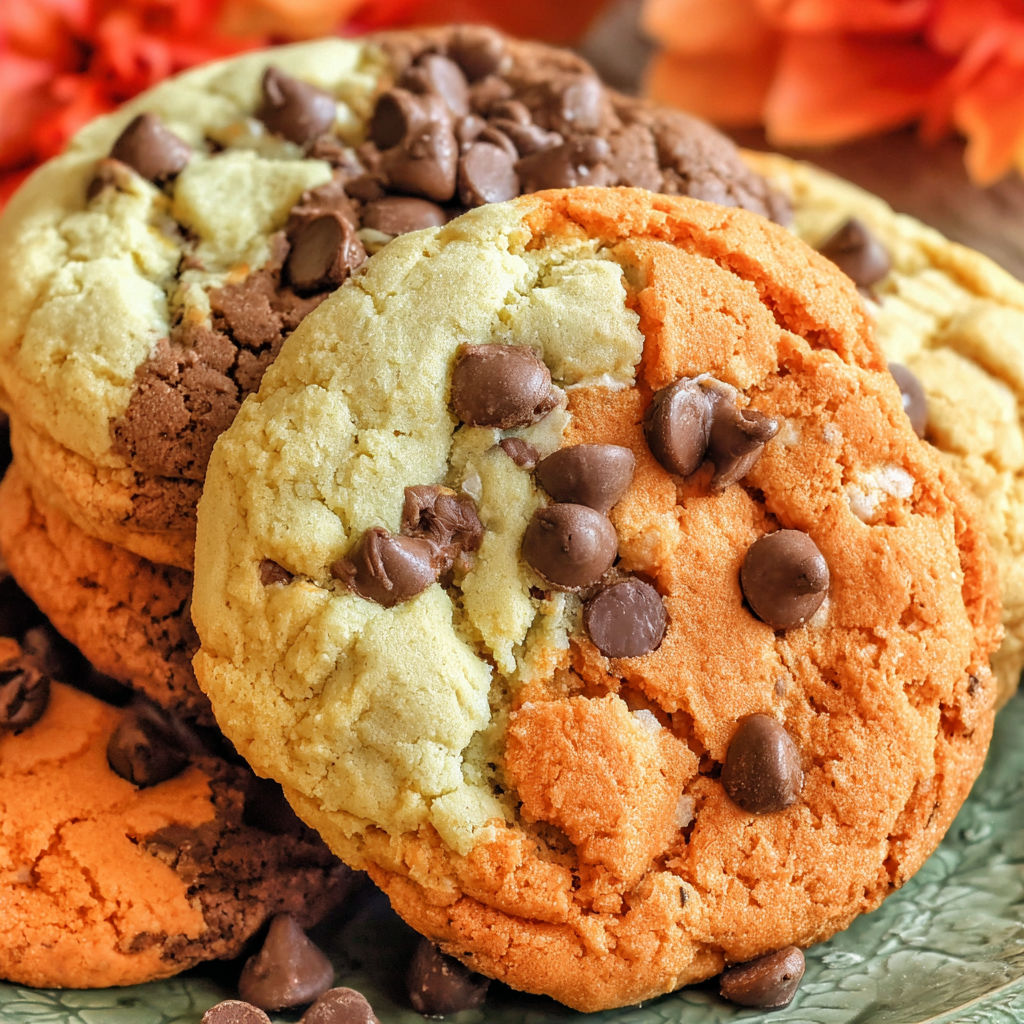 Three different colored cookies.