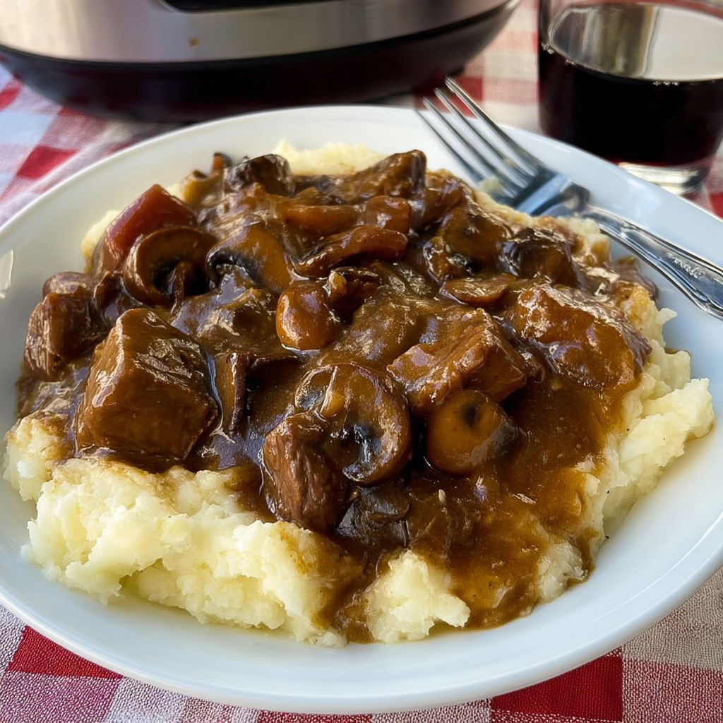 A plate of food with mushrooms and meat in a crock pot.