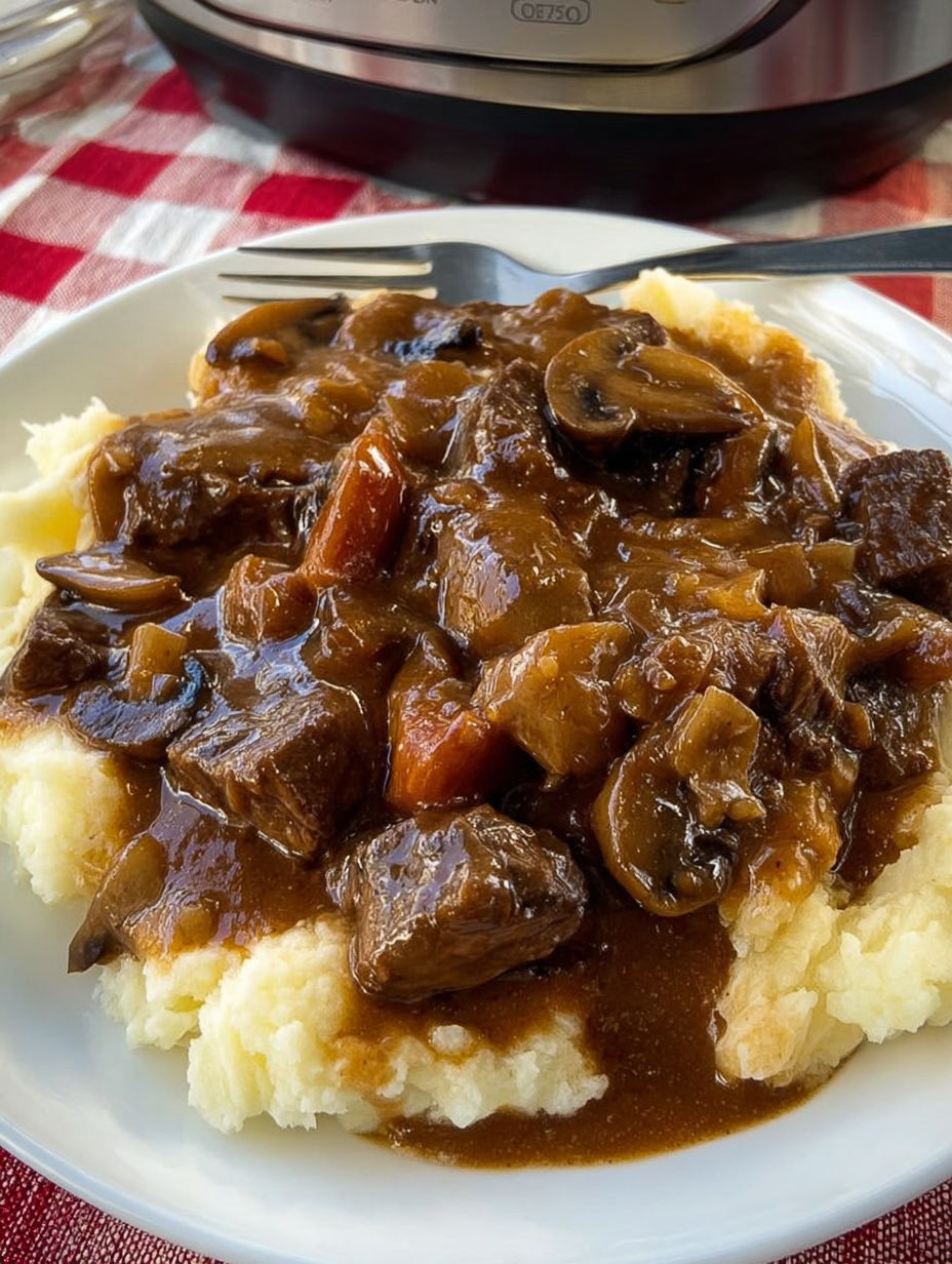 A plate of food with meat and mushrooms.