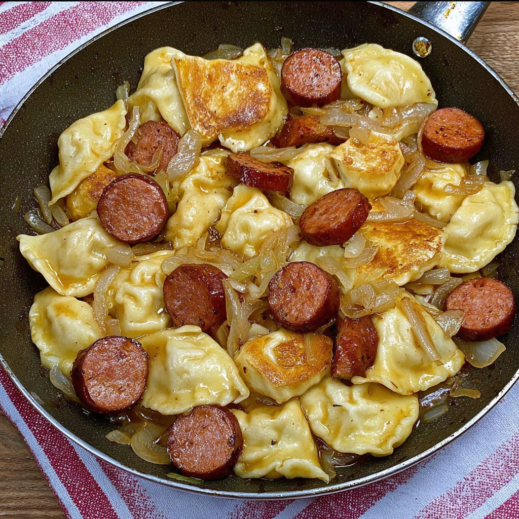 A pan of pierogies and kielbasa.