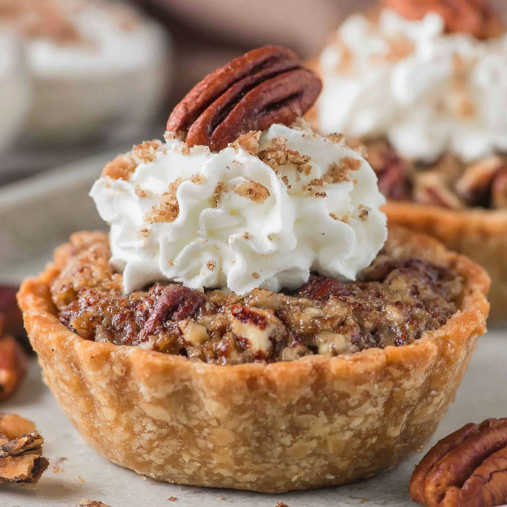 A pecan pie with whipped cream on top.