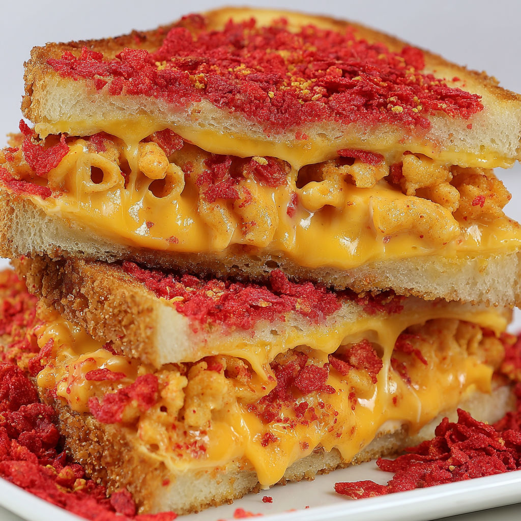 A grilled cheese sandwich with mac and cheese on top.