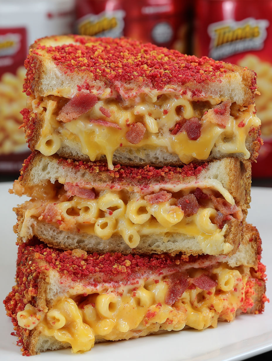 A stack of grilled cheese sandwiches made with macaroni and cheese and Flamin' Hot Cheetos.