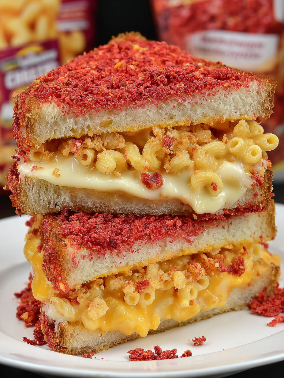 A grilled cheese sandwich made with macaroni and cheese and Flamin' Hot Cheetos.