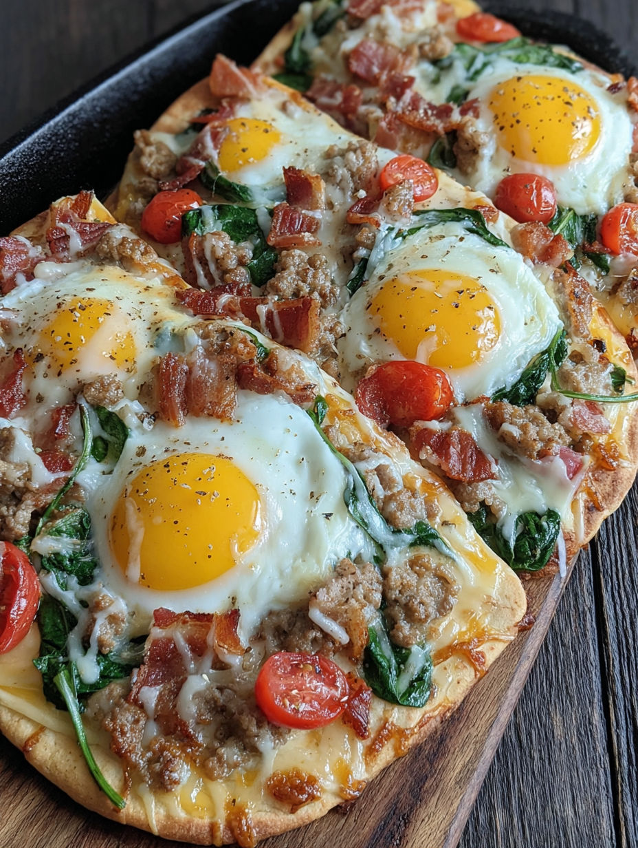 A breakfast flatbread with eggs and bacon.