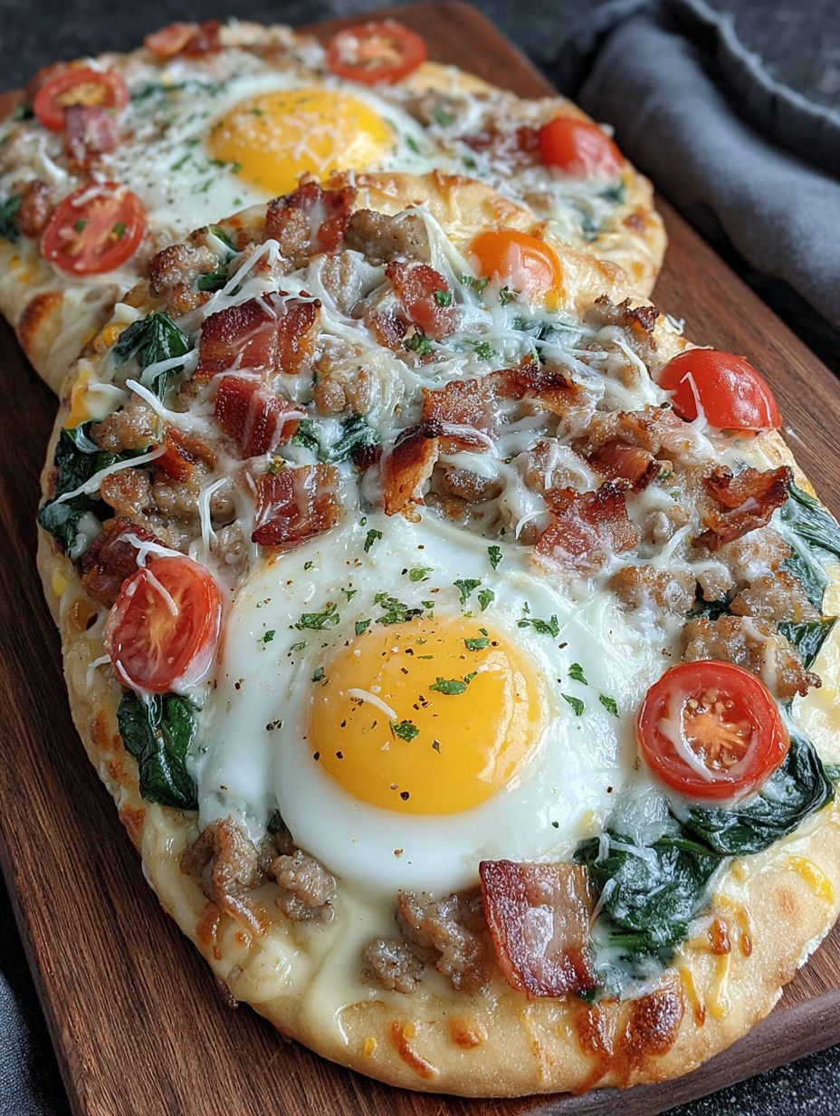 A breakfast flatbread with eggs and bacon.