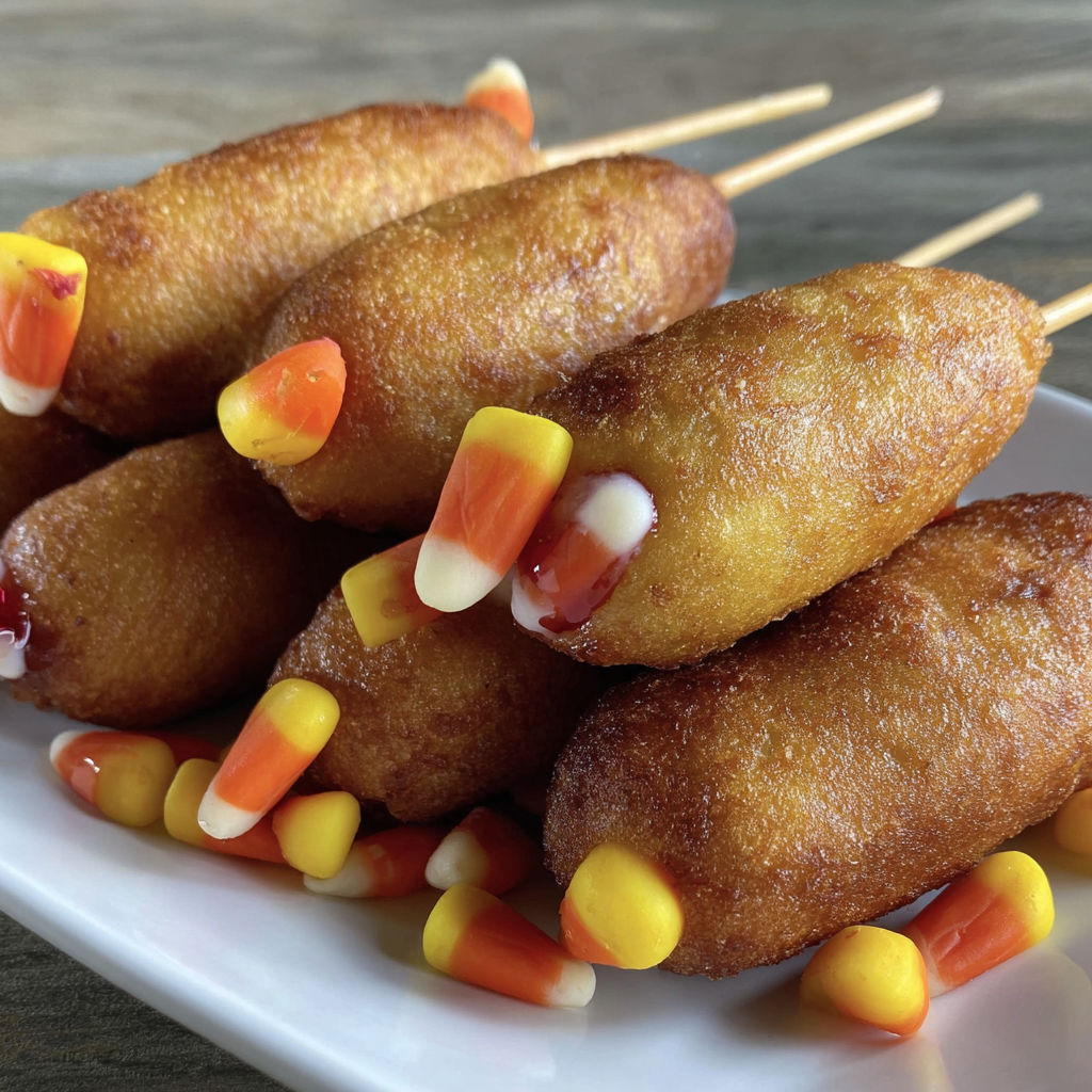 A plate of corn dogs with candy corn on top.