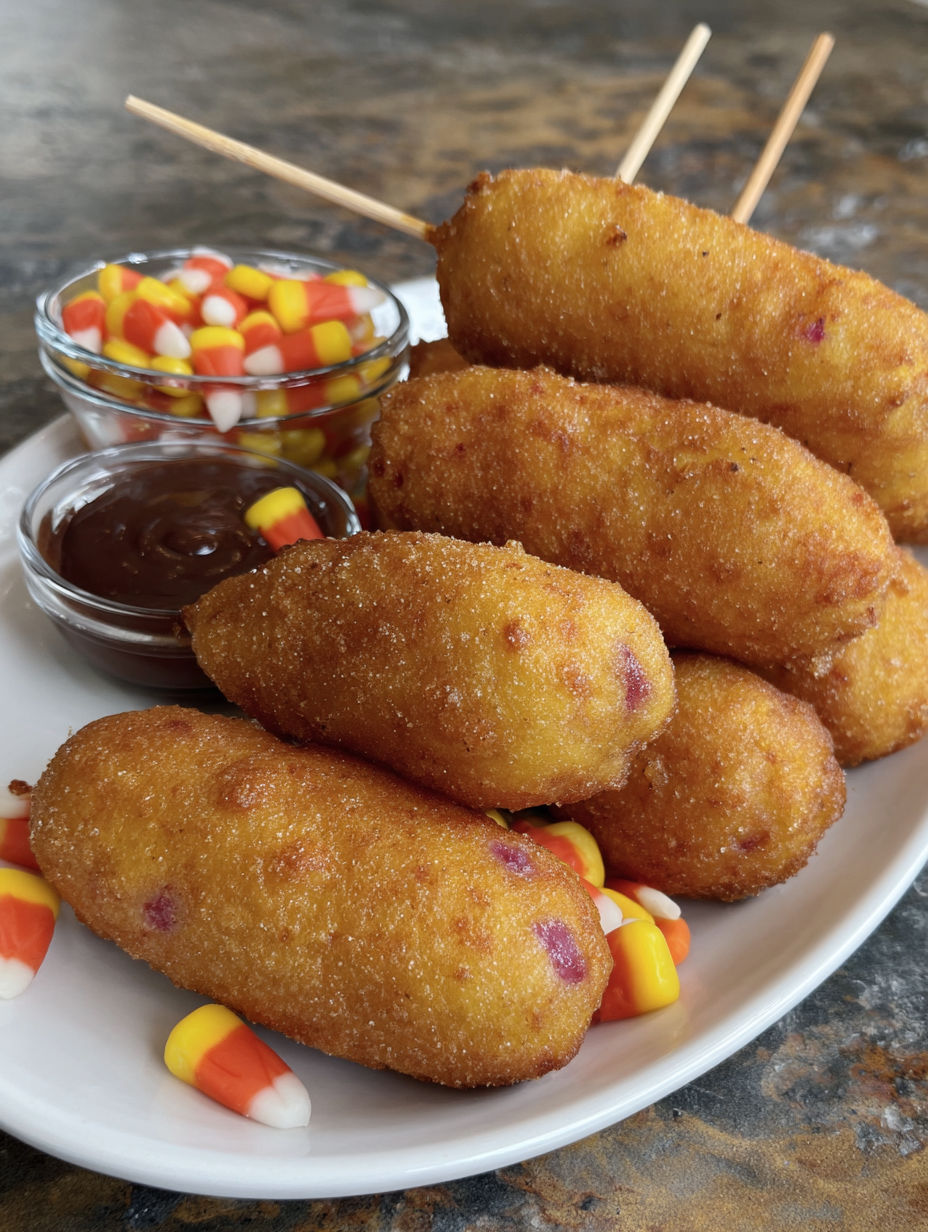 A plate of food with a bowl of candy corn and a plate of corn dogs.
