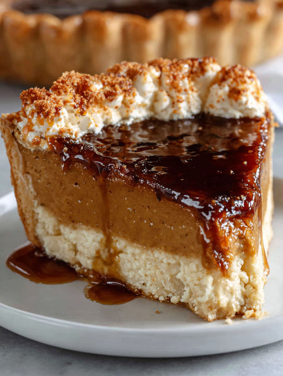 A slice of pumpkin pie with a bourbon brûlée topping.