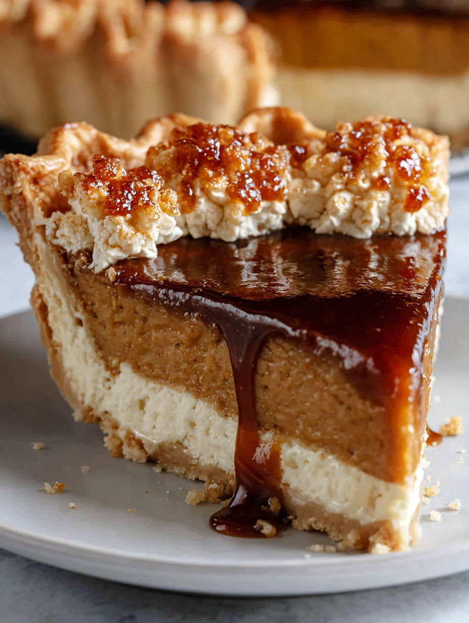 A slice of pumpkin pie with a caramel sauce drizzle.