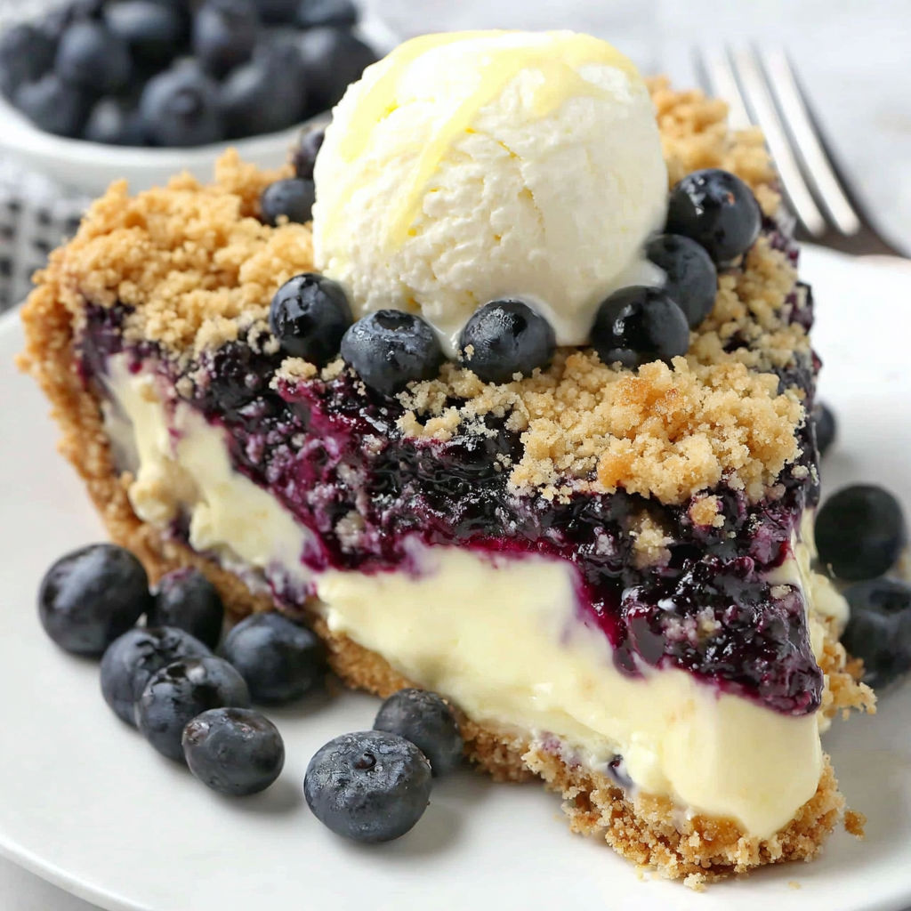 A slice of blueberry crumble cheesecake pie.
